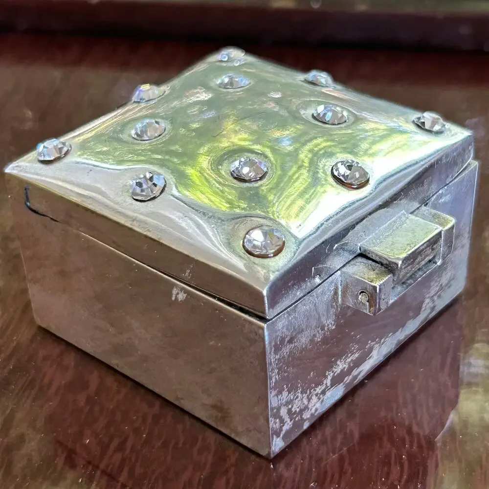 Vintage Silver Plated Rhinestone Studded Trinket Box – 2” Square Jewelry Box